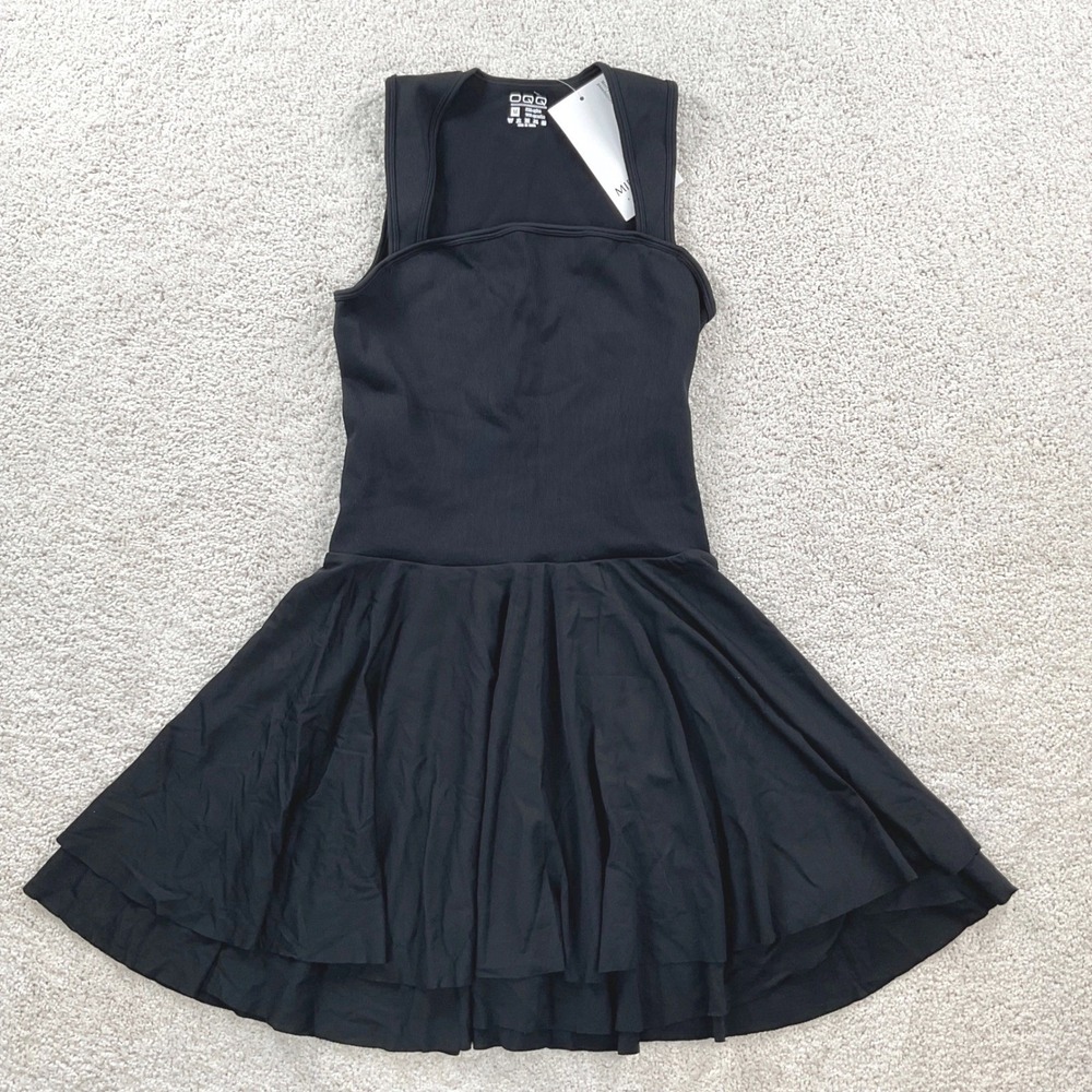 OQQ Womens Black Ribbed Square Neck Sleeveless Tiered Athletic Exercise Dress M‎